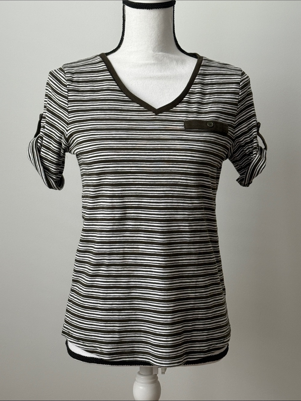 Striped V-Neck Roll-Sleeve Top, Size Small